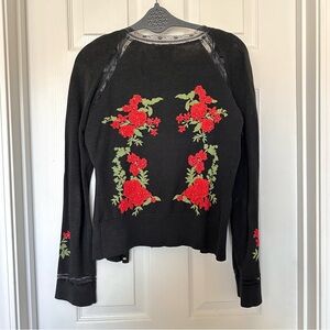Retro Floral Embroidery Lace Black Red Wool Blend Cardigan Sweater Medium EUC